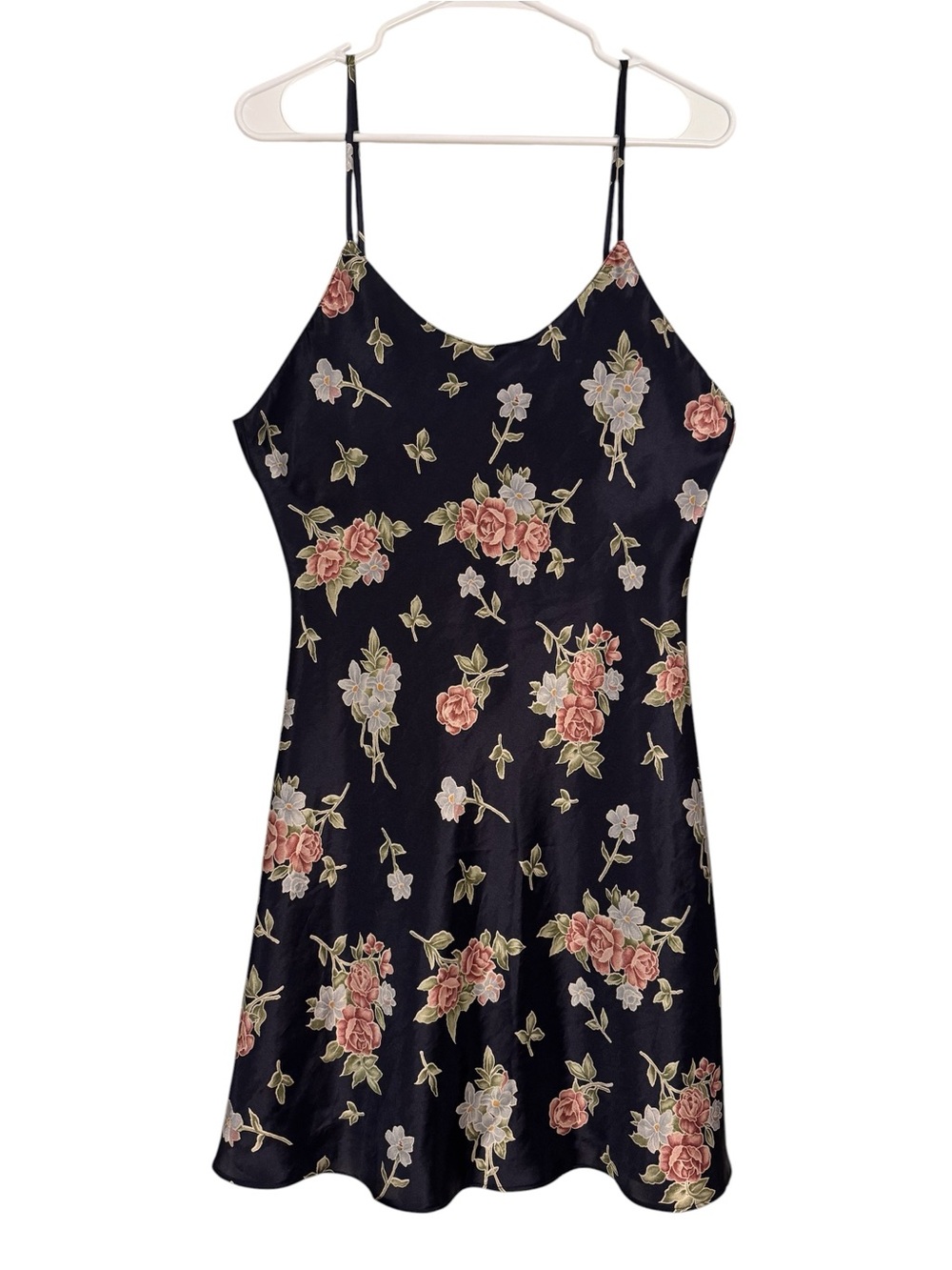 Navy Floral Slip Dress with Pink Rose Print